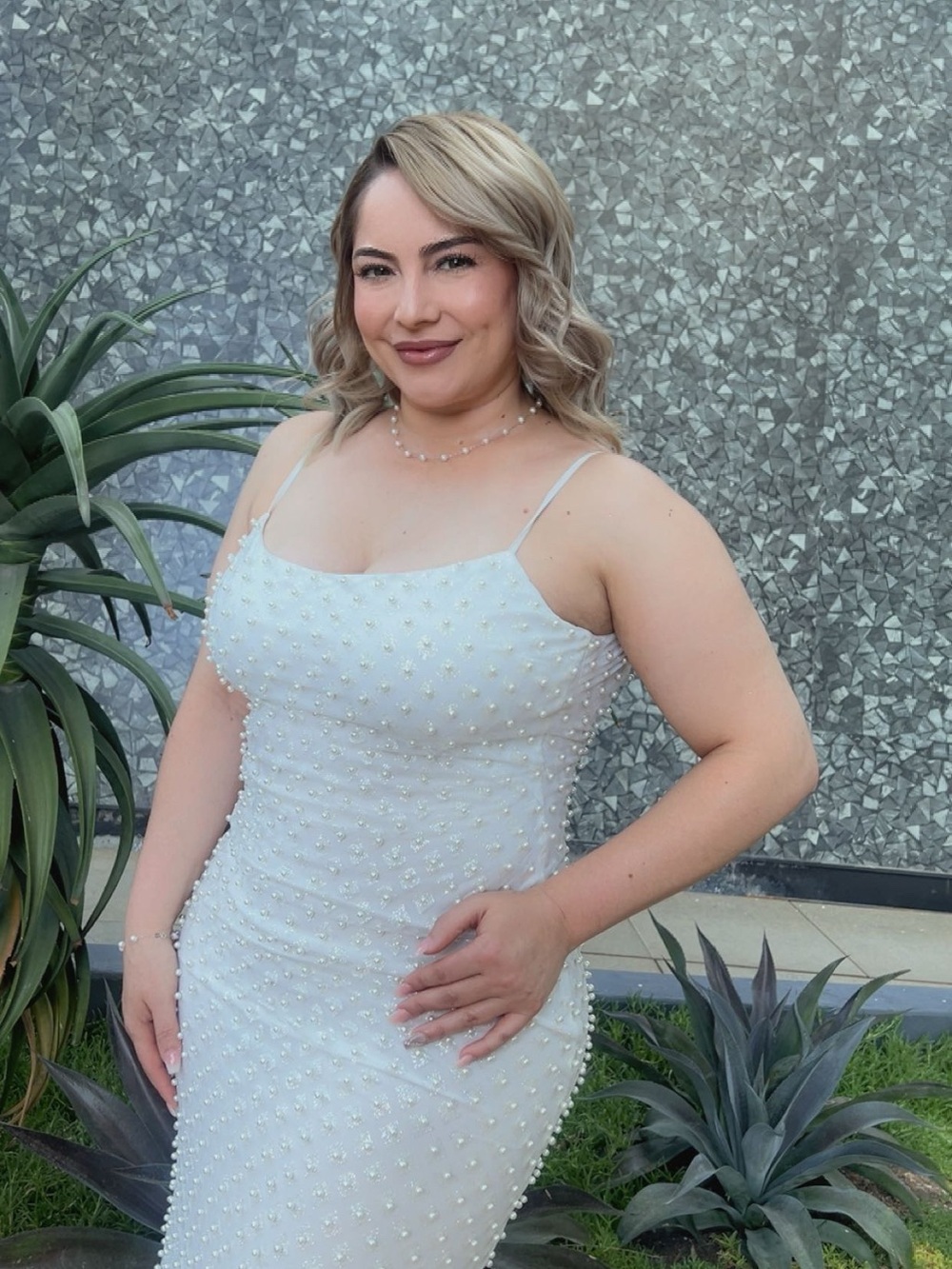 B Darlin White Pearl-Embellished Strapless-Look Spaghetti Strap Gown - Picture 2 of 9